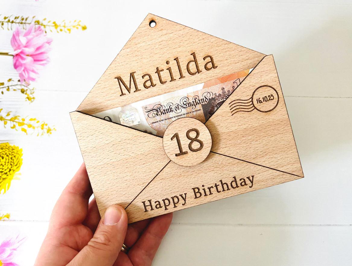 Personalised Money Holder Envelope, Wooden Money Pouch, Birthday Gift, 16th, 18th, 21st, 30th Birthday, Birthday Card, Birthday Gift