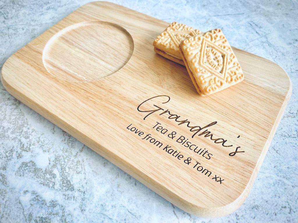 Personalised Tea & Biscuit Board â€“ Engraved Wooden Treat Platter â€“ Gift for Mum, Dad, Granny, Grandma, Grandad, Papa â€“ Custom Message.