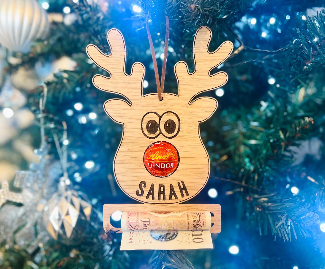 Personalised Reindeer Bauble, Engraved Oak Christmas Money Holder