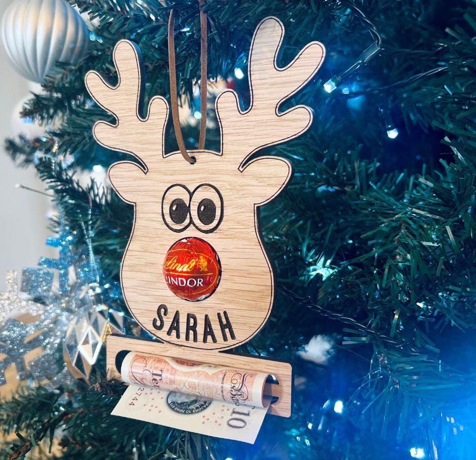Personalised Reindeer Bauble, Engraved Oak Christmas Money Holder