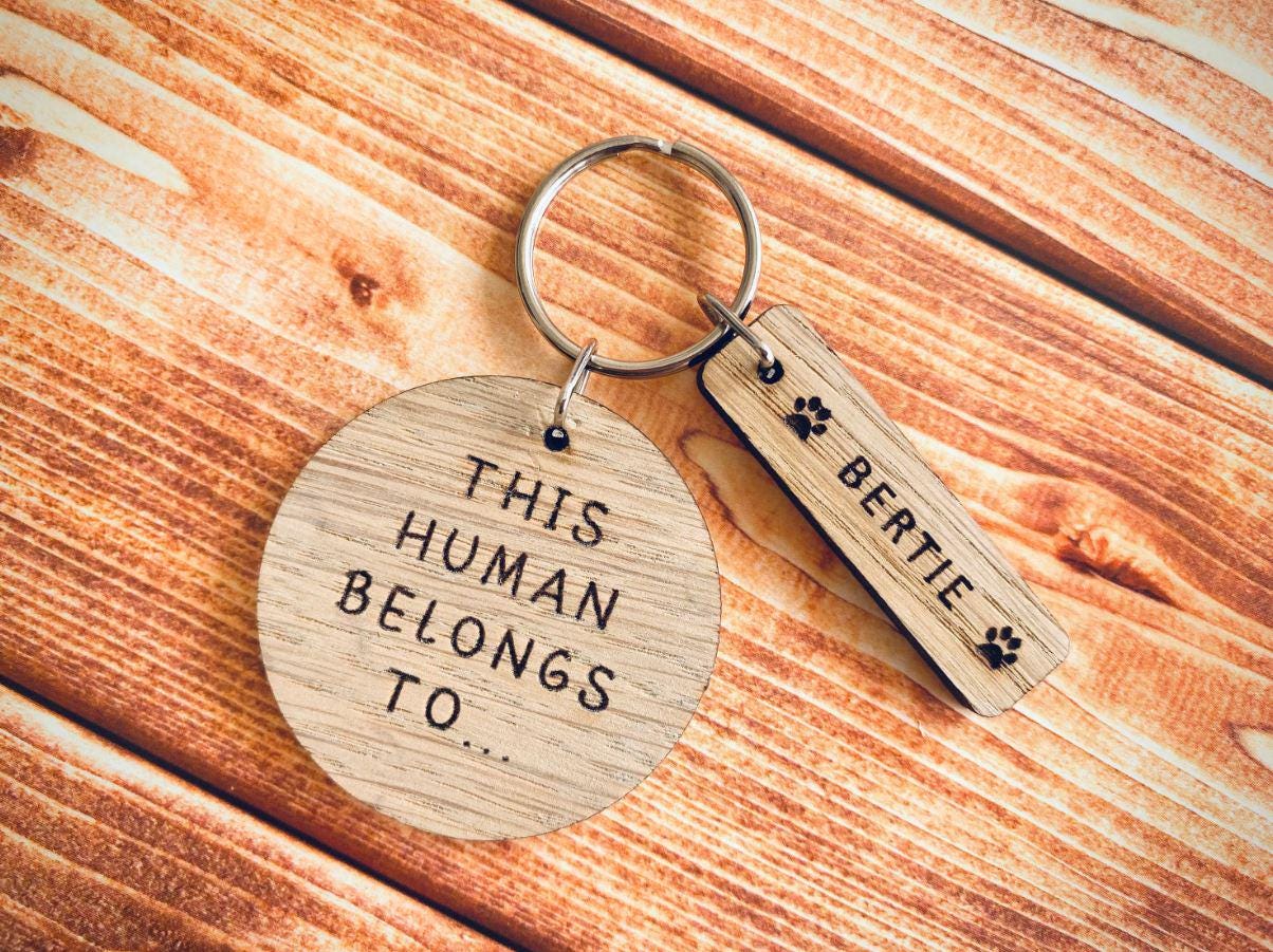 Personalised pet owner keyring, this human belongs to, dog owner, cat, funny pet gift, animal lover, new pet, puppy, kitten, cute gift