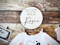 Personalised Baby Name Disc, Birth Announcement Disc Plaque, Engraved Baby Name Photo Prop, Wooden Birth Gift, Hello My Name Is Sign