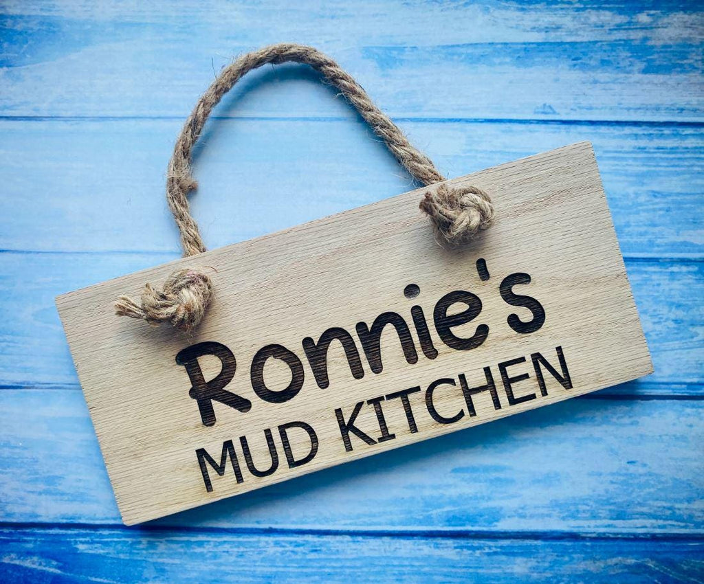 Personalised Mud Kitchen Hanging Sign, Wooden Laser Engraved with rope, Children's Mud Kitchen Accessories Fun Gift For Kids Play Boys Girls
