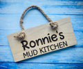 Personalised Mud Kitchen Hanging Sign, Wooden Laser Engraved with rope, Children's Mud Kitchen Accessories Fun Gift For Kids Play Boys Girls