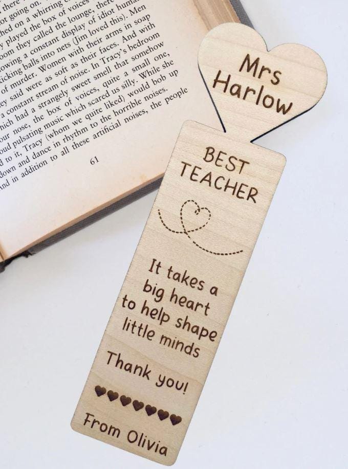 Personalised Teacher Bookmark: Engraved Wood Gift,  Thank You Present for Key Worker, School, Book Lover Reading, End Of Year Term, Nursery