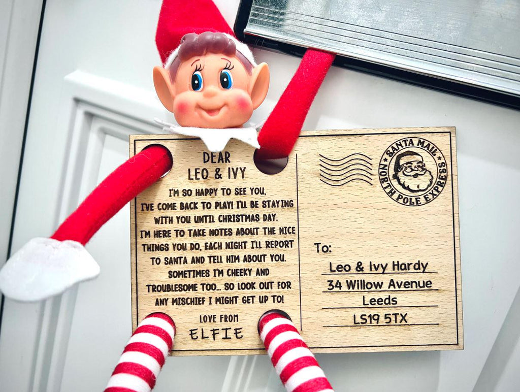 Elf Arrival Postcard Wooden Christmas Card, Personalised Naughty Elf Return Letter Welcome Back Elf Mail For Kids Christmas Ideas Activity