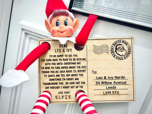 Elf Arrival Postcard Wooden Christmas Card, Personalised Naughty Elf Return Letter Welcome Back Elf Mail For Kids Christmas Ideas Activity