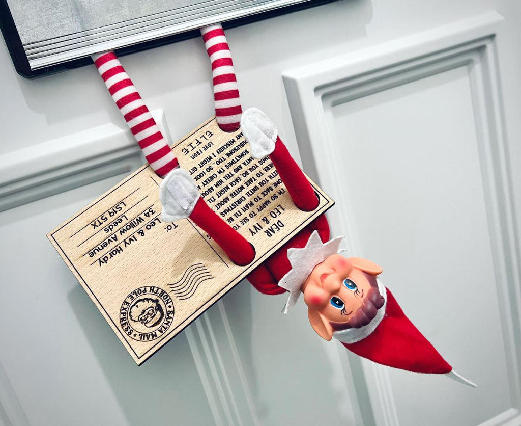 Elf Arrival Postcard Wooden Christmas Card, Personalised Naughty Elf Return Letter Welcome Back Elf Mail For Kids Christmas Ideas Activity