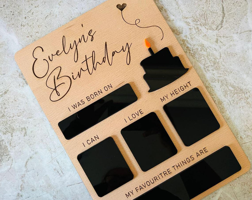 Personalised Birthday Milestone Sign, Wooden engraved Birthday Keepsake, Baby Toddler Milestones, My First Birthday, Wipe and reuse.