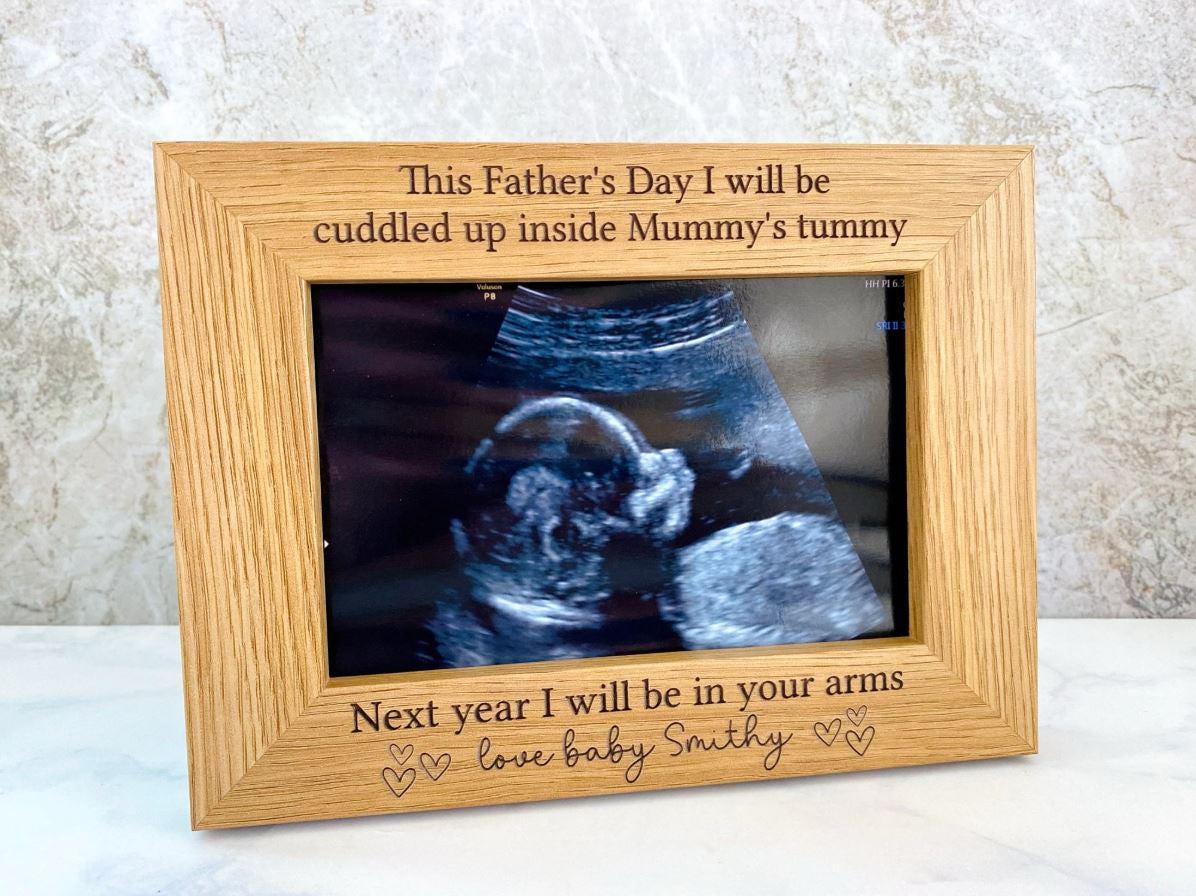 Personalised Wooden Engraved First Father's Day Photo Frame From Baby Bump, Fathers Day Gift. For Daddy, Pregnancy Gifts
