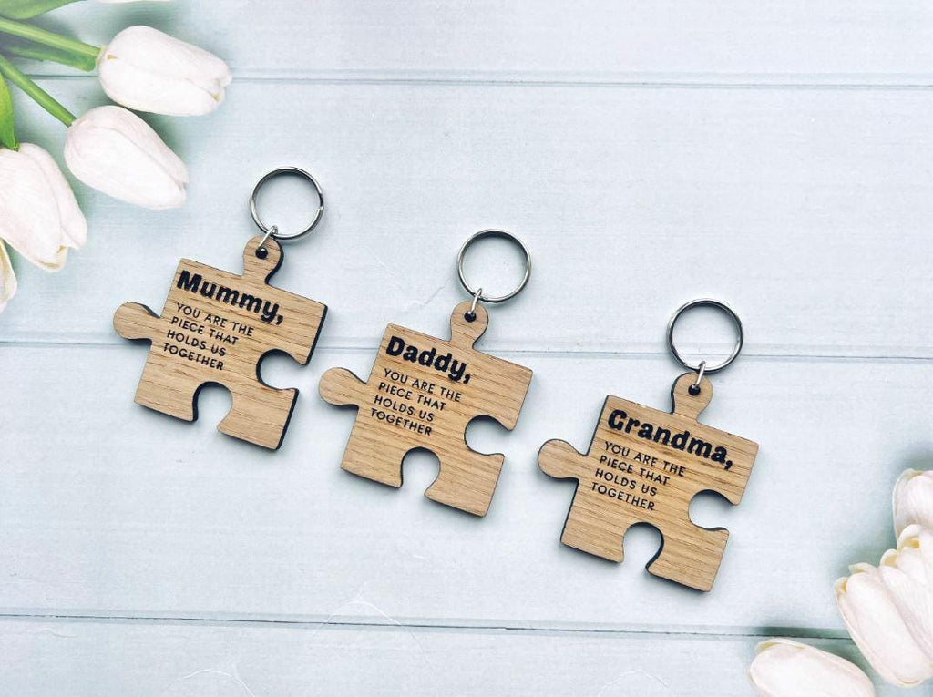 Personalised Keyring Jigsaw Piece, Wooden Key Chain, For Mummy, Daddy, Grandma, Christmas, Mothers Day, Fathers Day Gift, From The Kids