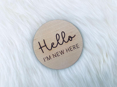 New Baby present, Personalised Arrival Sign, Hello World Wooden Engraved Birth Announcement Disc, Social Media Photo Prop plaque