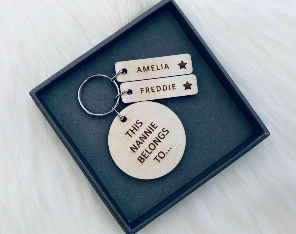 Personalised Nannie Keyring belongs to, Mothers Day, Birthday, Christmas Gift for Grandparent, Granny, Wooden Gifts for Nanny, Nanna, Gran.