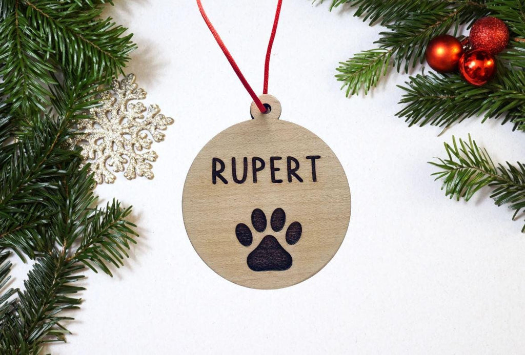 Dog Cat Christmas Bauble, Personalised Paw Print Xmas Ornament Decor, Pet Owner, Animal Lover Wooden Engraved Xmas Decoration