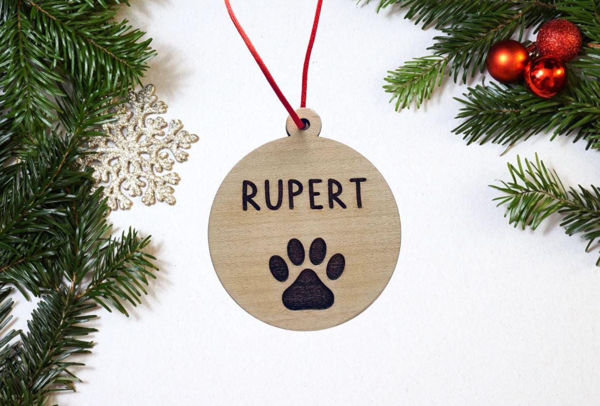 Dog Cat Christmas Bauble, Personalised Paw Print Xmas Ornament Decor, Pet Owner, Animal Lover Wooden Engraved Xmas Decoration