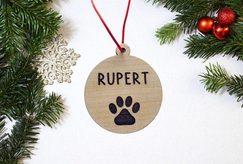 Dog Cat Christmas Bauble, Personalised Paw Print Xmas Ornament Decor, Pet Owner, Animal Lover Wooden Engraved Xmas Decoration