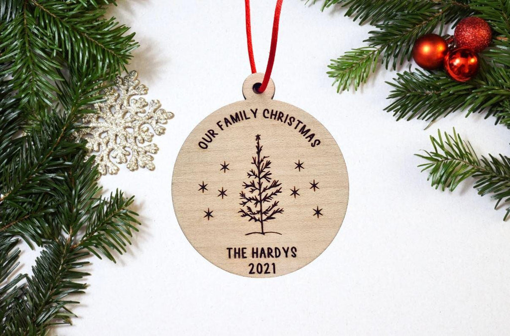 Personalised Family Christmas Bauble, Wooden Scandi Tree Decoration, Xmas Ornament Family Name, Christmas Gift Stocking Filler, Keepsake