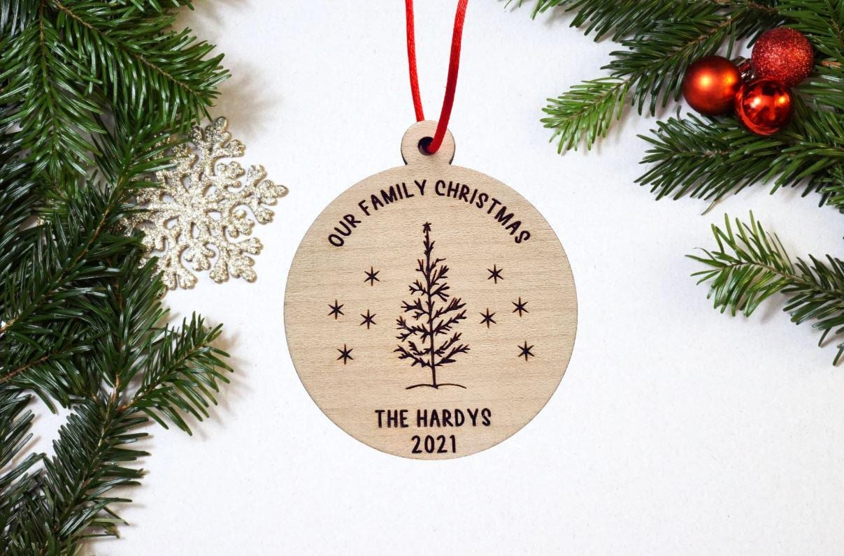Personalised Family Christmas Bauble, Wooden Scandi Tree Decoration, Xmas Ornament Family Name, Christmas Gift Stocking Filler, Keepsake