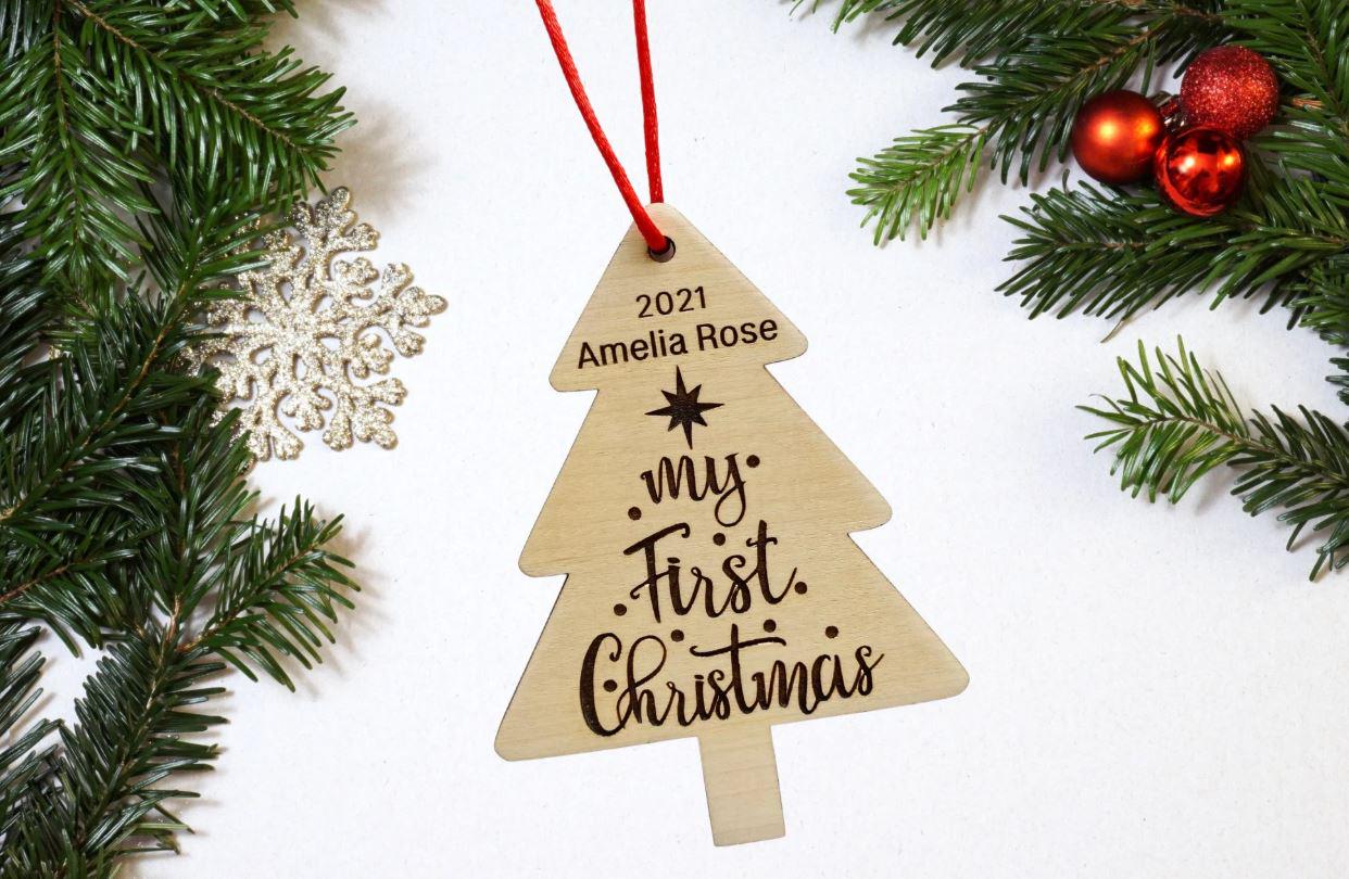 Personalised baby first Christmas Bauble, First Christmas Tree Decoration, Babies Xmas, Wooden Engraved Bauble, Handmade keepsake