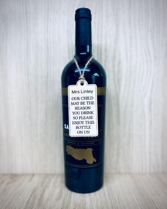 Personalised Teacher Gift Wine Bottle Tag, End Of School Term Year Present For Teachers Nursery Wooden Tag For Bottle From Pupils Students