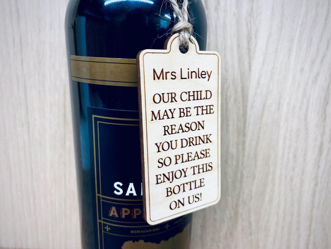 Personalised Teacher Gift Wine Bottle Tag, End Of School Term Year Present For Teachers Nursery Wooden Tag For Bottle From Pupils Students