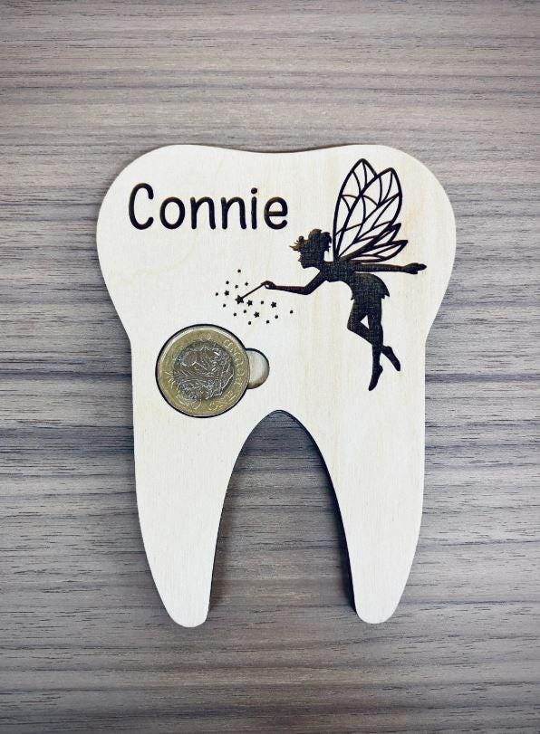 Personalised Engraved Wooden Tooth Fairy Gift, Pound Coin Holder, Kids Bedroom, Lost Tooth Present, Cute Teeth