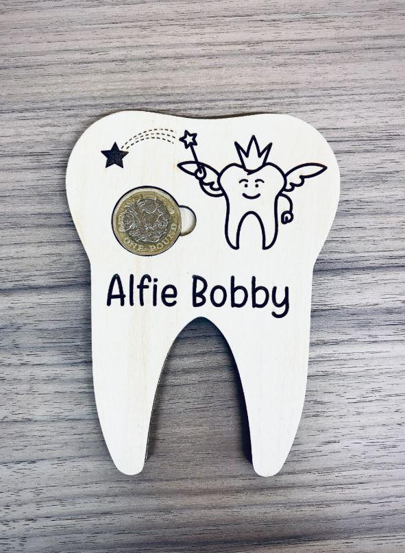 Personalised Engraved Wooden Tooth Fairy Gift, Pound Coin Holder, Kids Bedroom, Lost Tooth Present, Cute Teeth