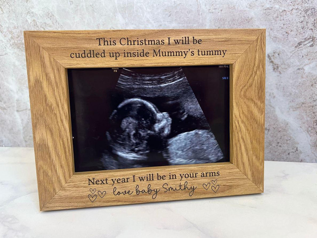 Baby Christmas Photo Frame, Gift From The Bump, Xmas Pregnancy Announcement, Personalised Wooden Baby Photo Frame, Scan Picture Gift