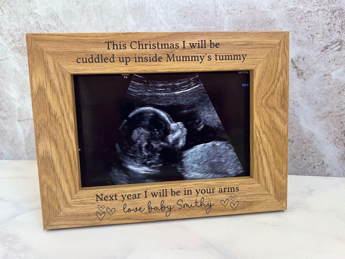 Baby Christmas Photo Frame, Gift From The Bump, Xmas Pregnancy Announcement, Personalised Wooden Baby Photo Frame, Scan Picture Gift