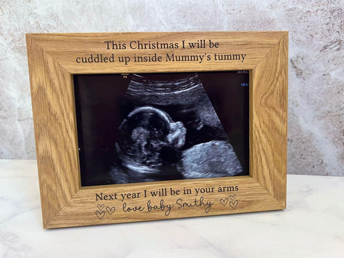 Baby Christmas Photo Frame, Gift From The Bump, Xmas Pregnancy Announcement, Personalised Wooden Baby Photo Frame, Scan Picture Gift