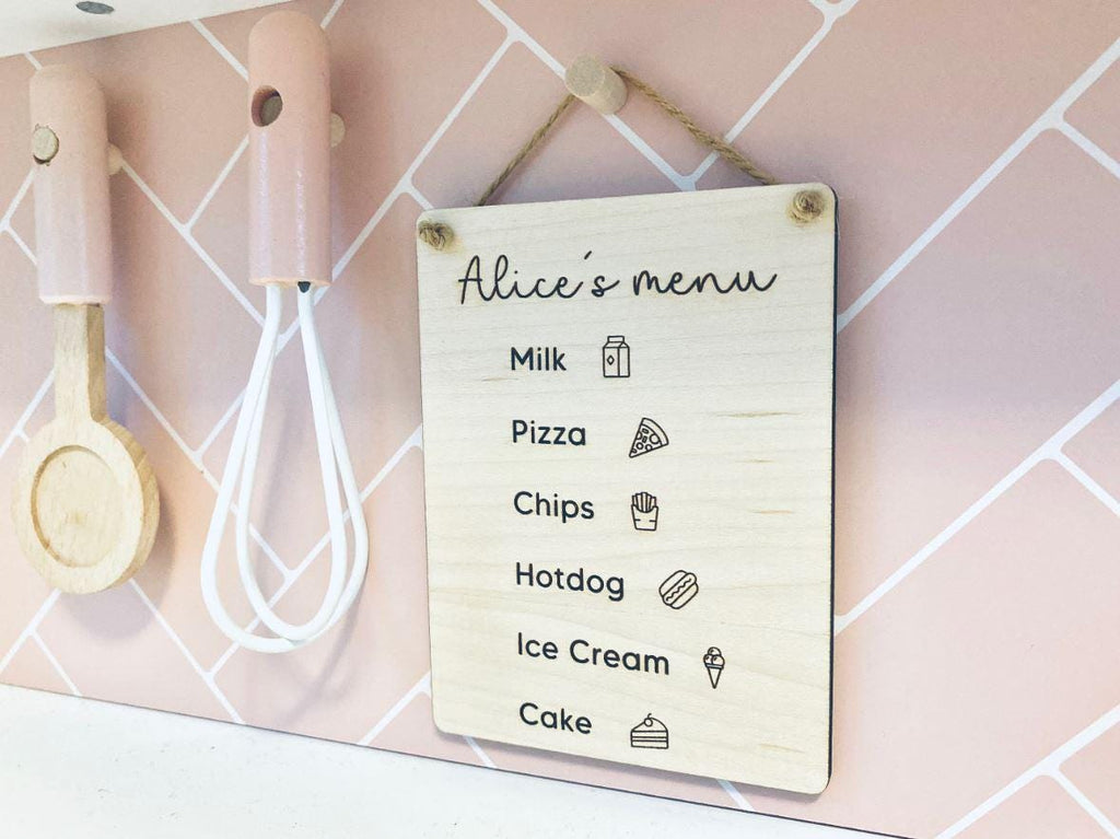 Personalised Childâ€™s Play Kitchen Sign | Kids Kitchen Cafe Menu | Wooden Kitchen | Mud Kitchen Accessories | Playroom Decor Sign | Play Menu