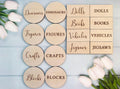 Personalised Wooden Toy Box Labels: Laser Engraved Wooden, Storage Labels, Playroom Decor, Nursery Decor, Home Organisation. New baby gift