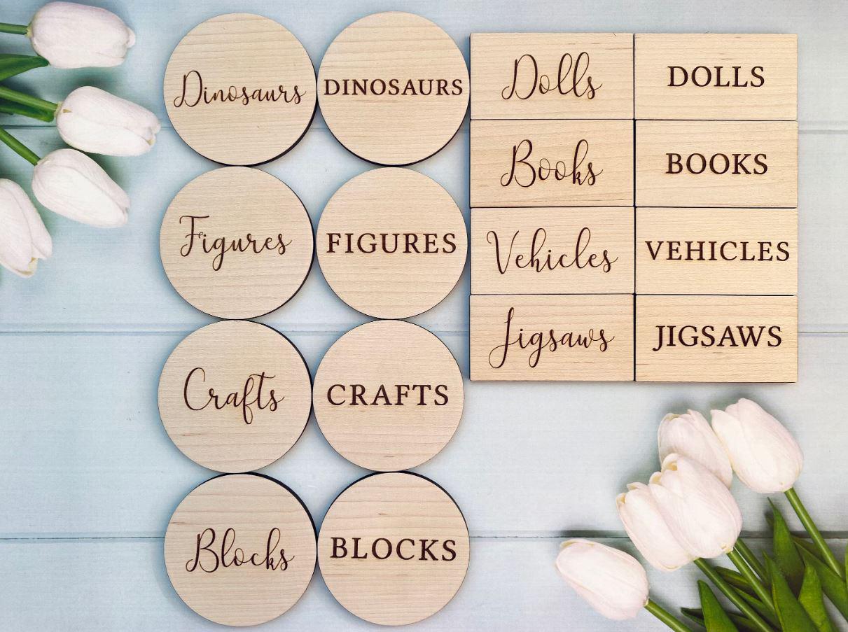 Personalised Wooden Toy Box Labels: Laser Engraved Wooden, Storage Labels, Playroom Decor, Nursery Decor, Home Organisation. New baby gift