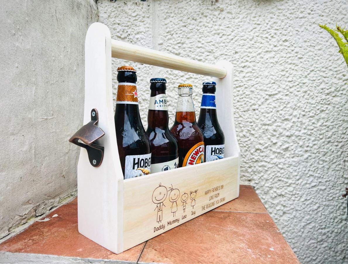 Personalised Beer Caddy Holder, Fathers Day Gifts For Him, Bottle Opener, BBQ accessories, For Dad, Daddy, Grandad, Grandpa, papa