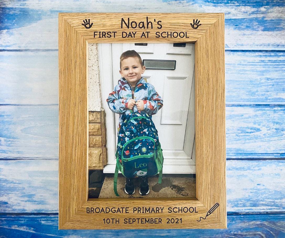 First Day Of School Photo Frame, Personalised Wooden Engraved Picture Frame, Childs New School, Starting Reception, Keepsake Gift Frame