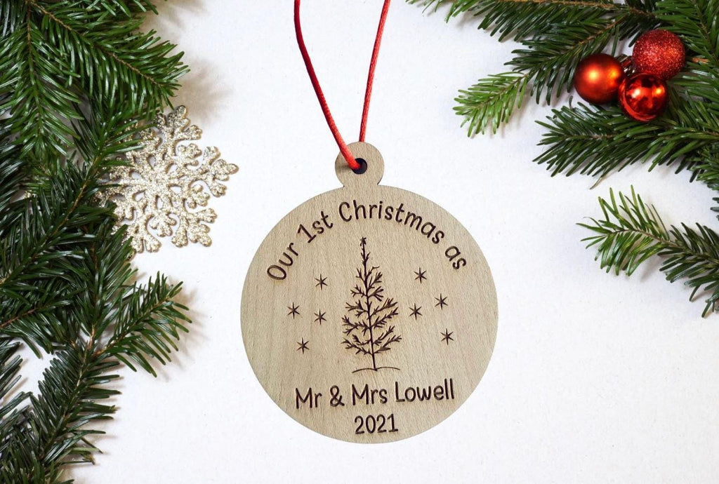 Personalised Mr & Mrs Christmas Bauble, Newlywed Xmas Tree decoration, Husband and Wife, First Christmas As, Personalized Wooden Bauble