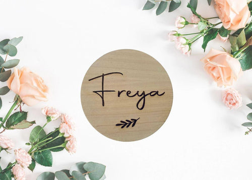 Baby Name Disc Announcement, Personalised Birth Announcement Disc Plaque, Engraved Baby Name Photo Prop, Wooden Birth Gift