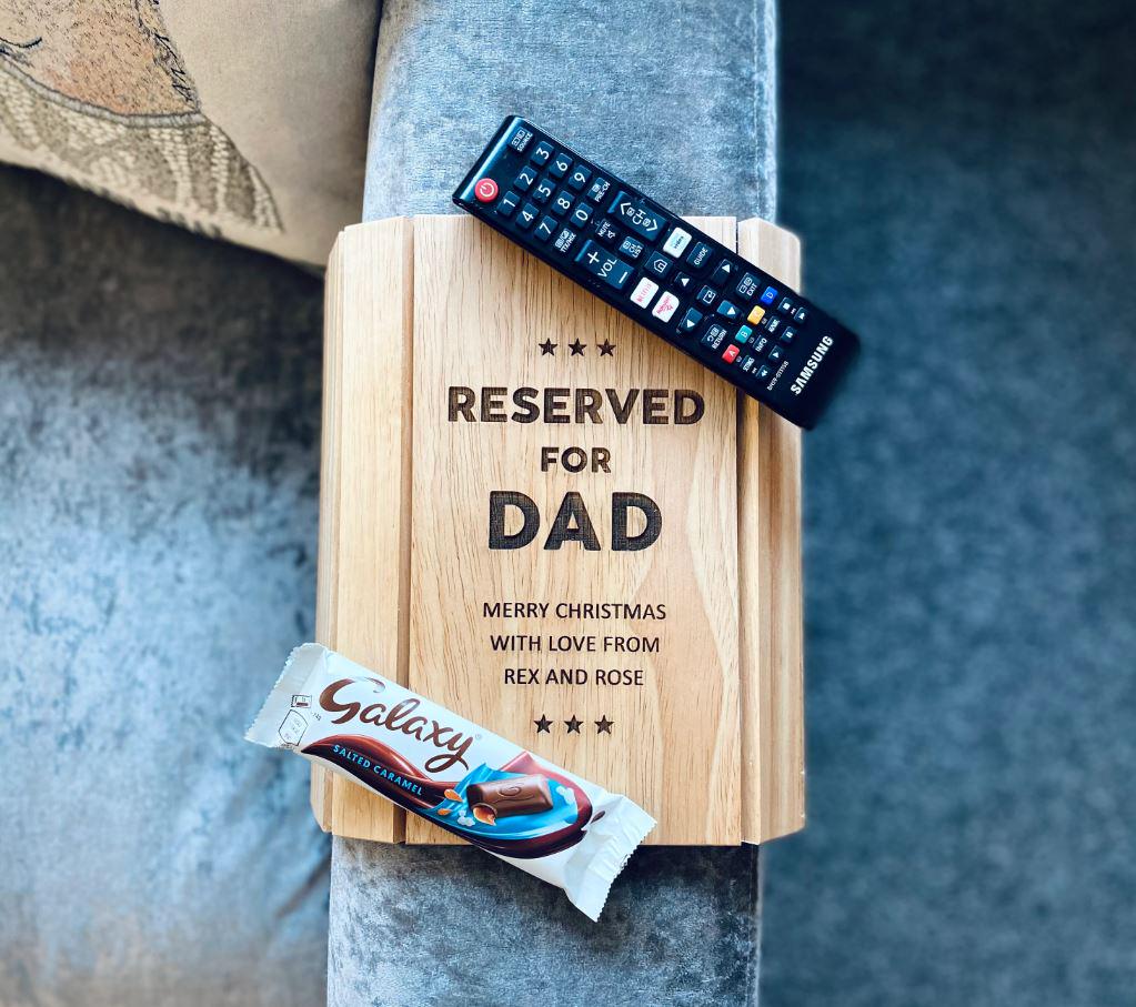 Personalised Wooden engraved Sofa Tray, Adjustable Arm Table, Xmas, birthday Gift for him or her.