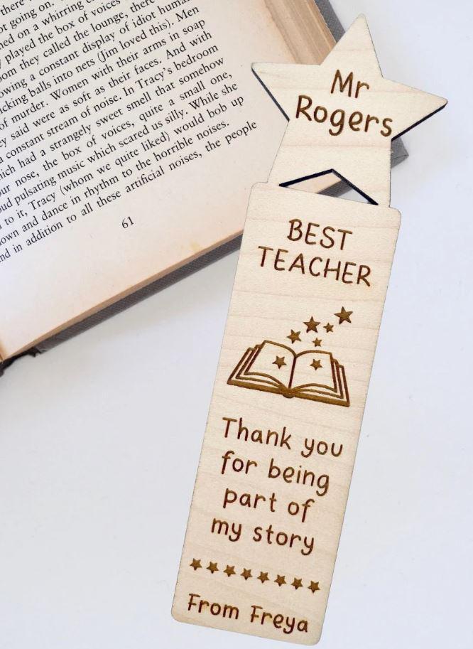 Personalised Teacher Bookmark: Engraved Wood Gift,  Thank You Present for Key Worker, School, Book Lover Reading, End Of Year Term, Nursery
