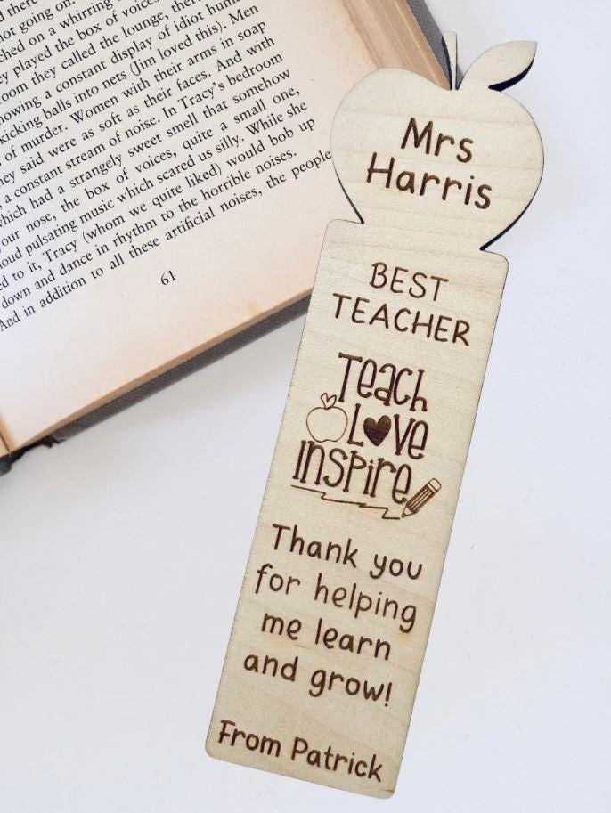 Personalised Teacher Bookmark: Engraved Wood Gift,  Thank You Present for Key Worker, School, Book Lover Reading, End Of Year Term, Nursery