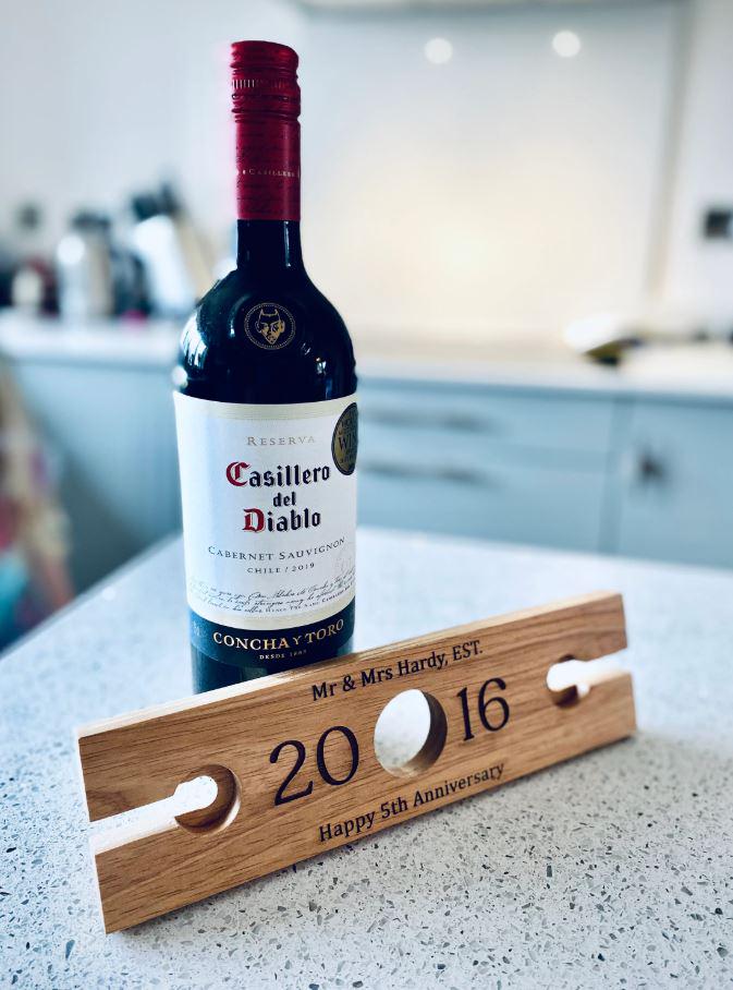 Personalised Wooden Wine Glass & Bottle Holder, Wooden Anniversary Gift, Wedding Present For Couples, Engraved Bottle Butler, Mr and Mrs