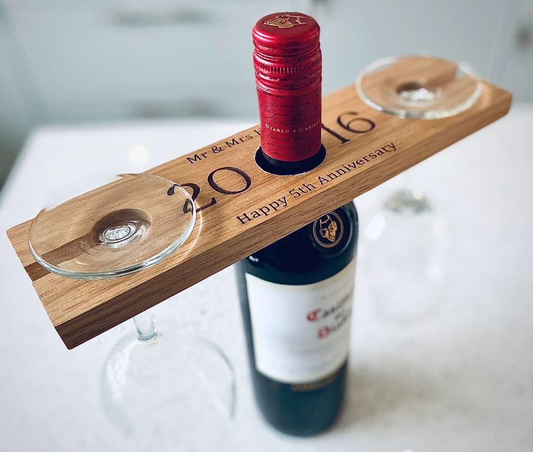 Personalised Wooden Wine Glass & Bottle Holder, Wooden Anniversary Gift, Wedding Present For Couples, Engraved Bottle Butler, Mr and Mrs