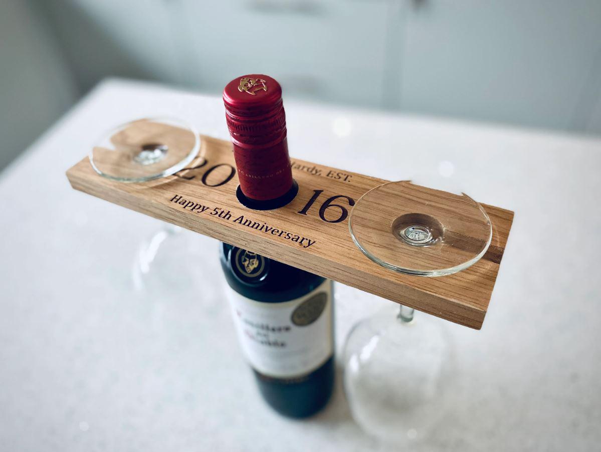 Personalised Wooden Wine Glass & Bottle Holder, Wooden Anniversary Gift, Wedding Present For Couples, Engraved Bottle Butler, Mr and Mrs