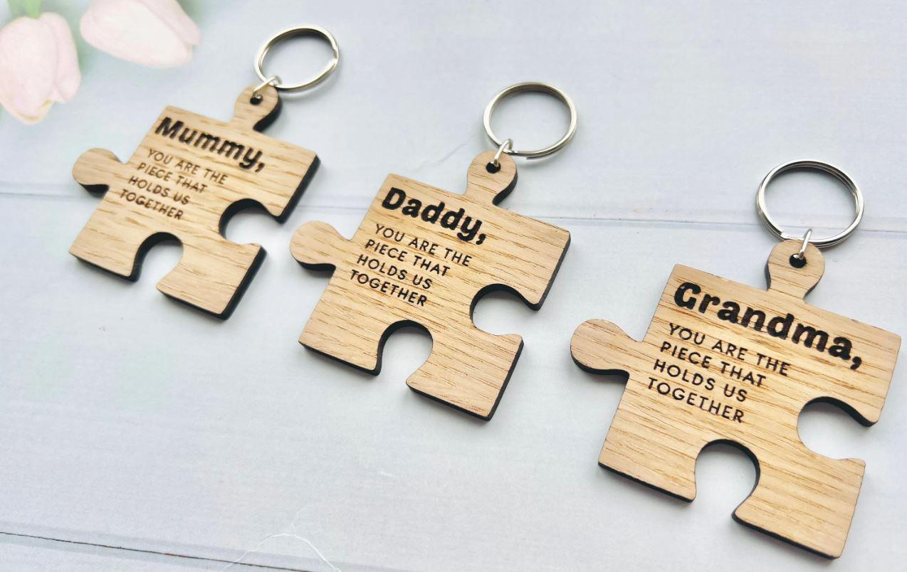 Personalised Keyring Jigsaw Piece, Wooden Key Chain, For Mummy, Daddy, Grandma, Christmas, Mothers Day, Fathers Day Gift, From The Kids