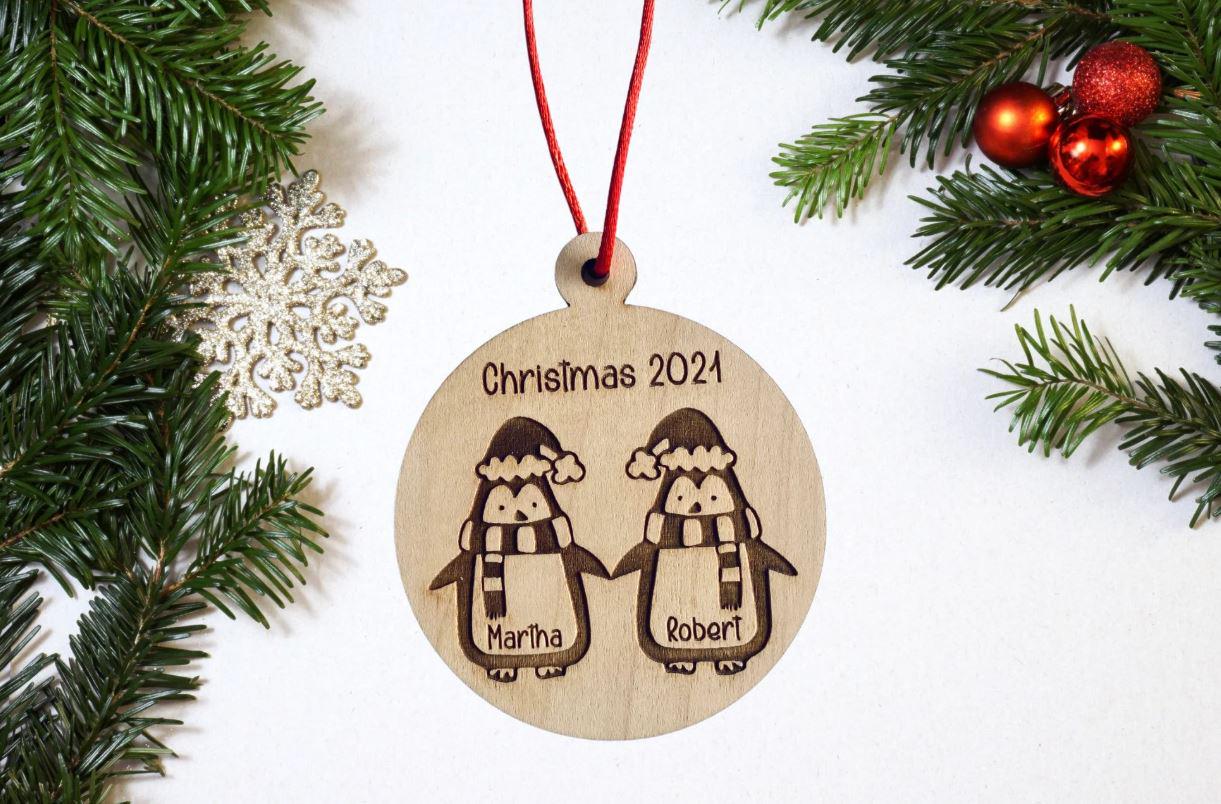 Personalised Our First Christmas Mr & Mrs Christmas Bauble, Penguin Newlywed Xmas Tree decoration, Personalized Wooden, Penguin Couple Gift
