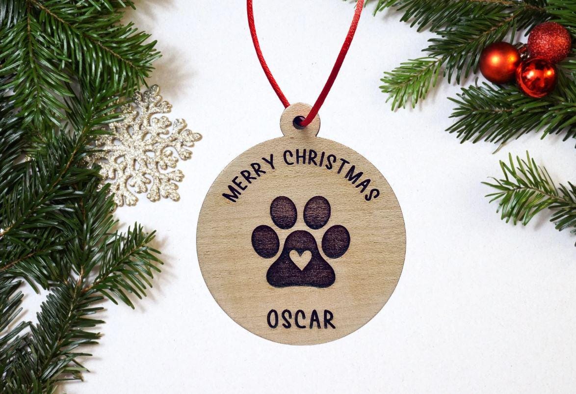 Personalised Paw Print Christmas Bauble: Engraved Maple Wood Pet Ornament, Dog Cat Christmas Bauble, Xmas Decor, Pet Owner, Animal Lover