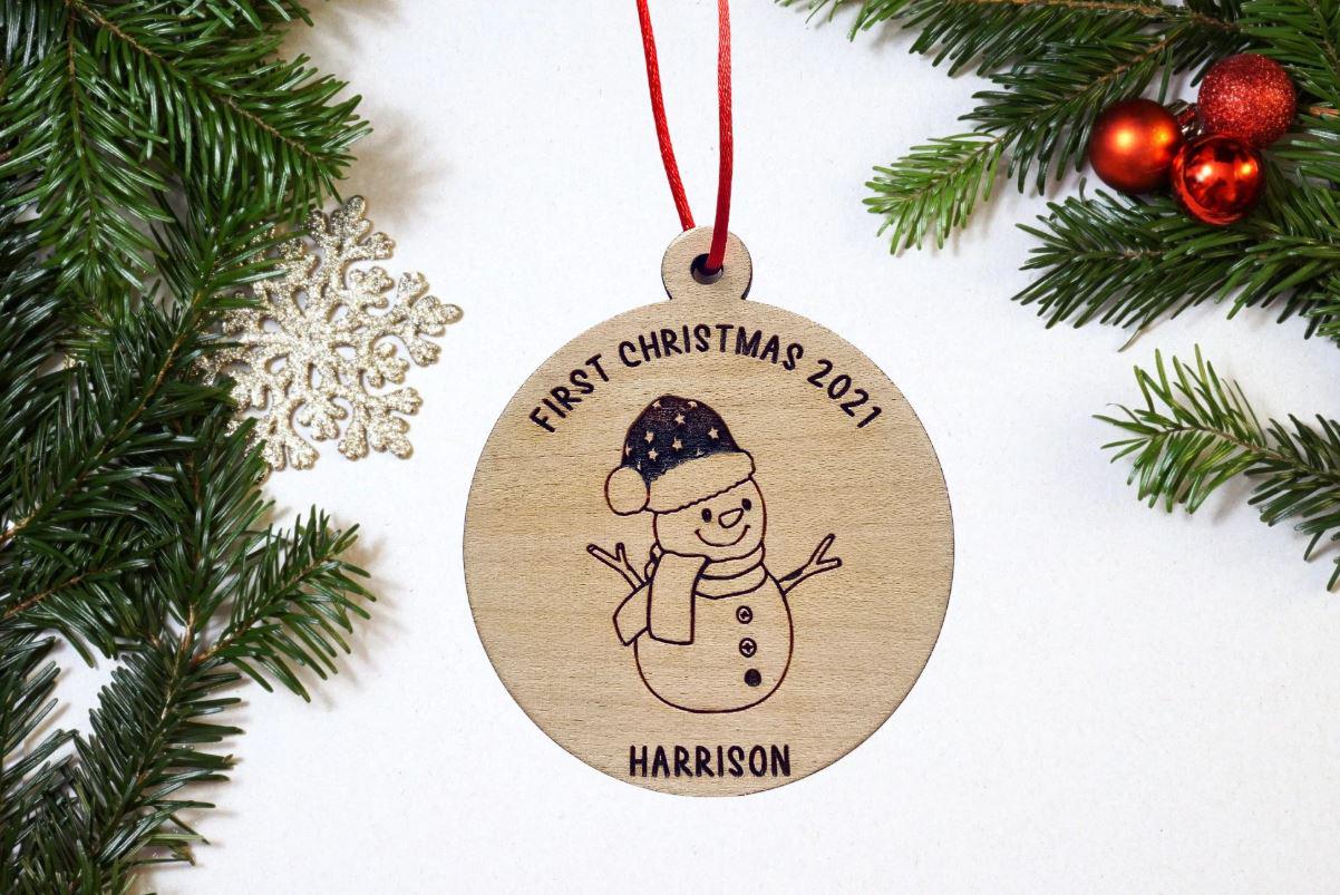 Personalised Baby's First Christmas Bauble: Engraved Wooden Snowman, 1st Xmas Snowman Tree Decoration, Santa Gift Decor Present, Handmade