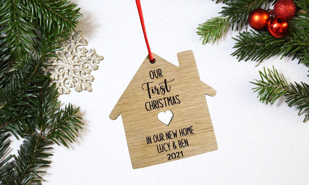 Personalised sustainable wood engraved New Home Christmas Bauble, Xmas Tree Decoration, First Time Buyer For Couple Our First Christmas Gift
