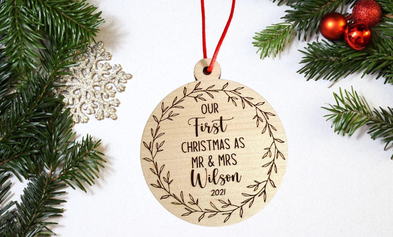Our First Christmas Personalised Mr & Mrs Christmas Bauble, Newlywed Xmas Tree decoration, Husband and Wife Gift, Sustainable Christmas.