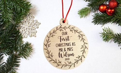 Our First Christmas Personalised Mr & Mrs Christmas Bauble, Newlywed Xmas Tree decoration, Husband and Wife Gift, Sustainable Christmas.